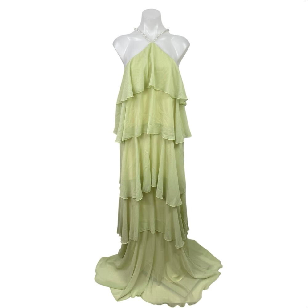 NEW Loveless Mother Of Pearl Yellow Halter Maxi Tiered Flared A-Line Dress  Sz L